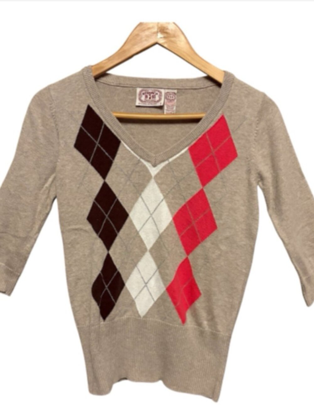 Herbench Tan V-Neck Sweater Pink Brown White Argyle Pattern, Womens size Small - Picture 5 of 6